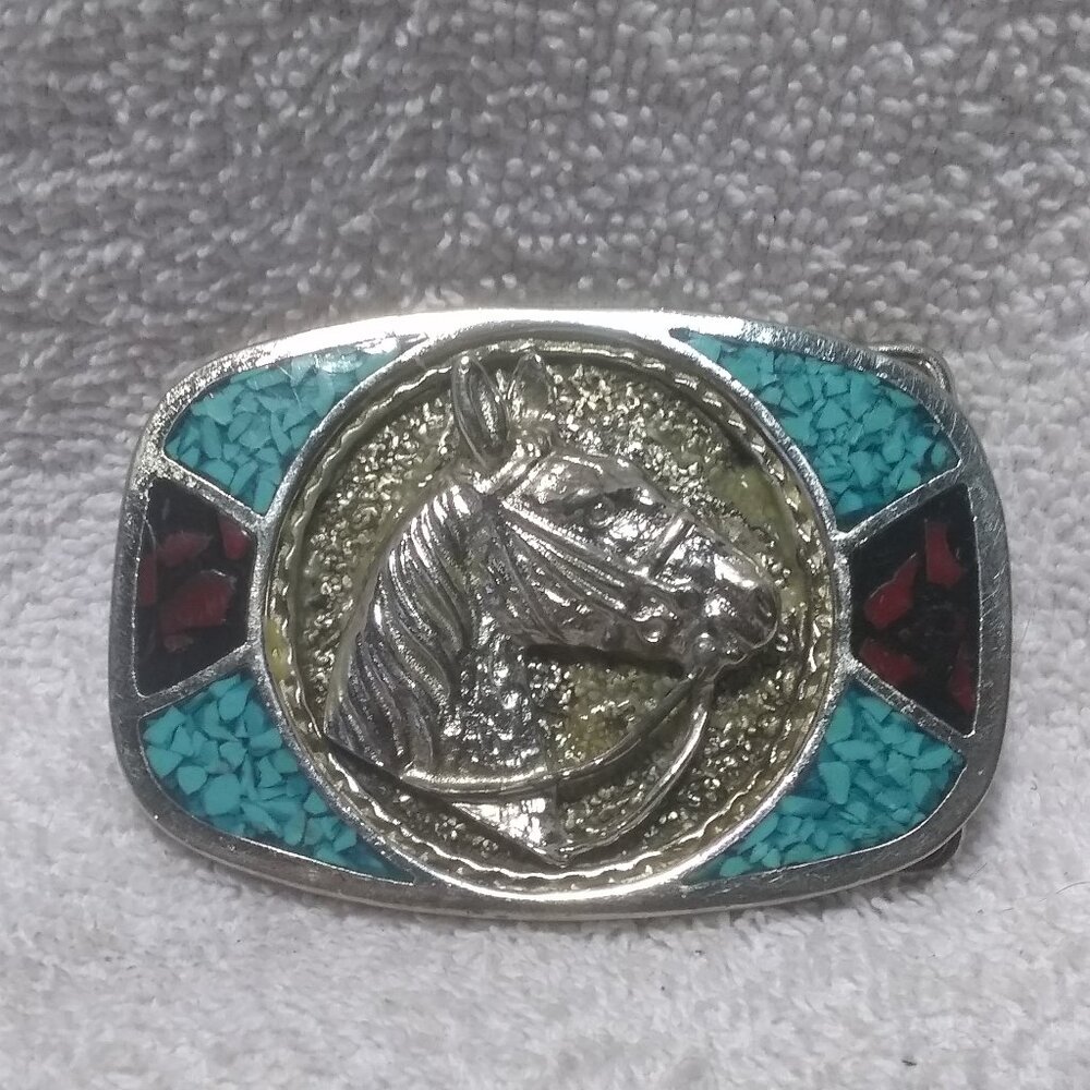 3d Horse Head Turquoise Corel Embedded Stones Silver Frame Buckle Mint Shape